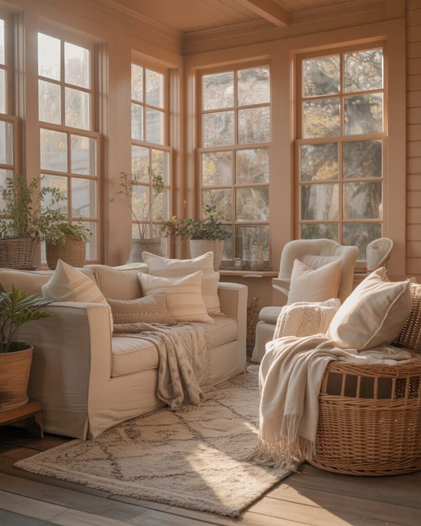 Sunroom decorated in warm neutral tones with cozy furniture and sunlight streaming in.