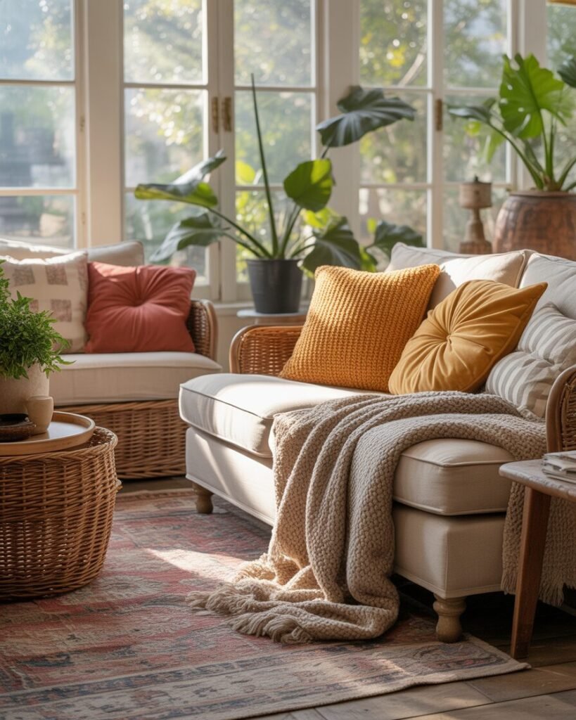 Sunroom layered with soft rugs, throws, and cushions for warmth and comfort.