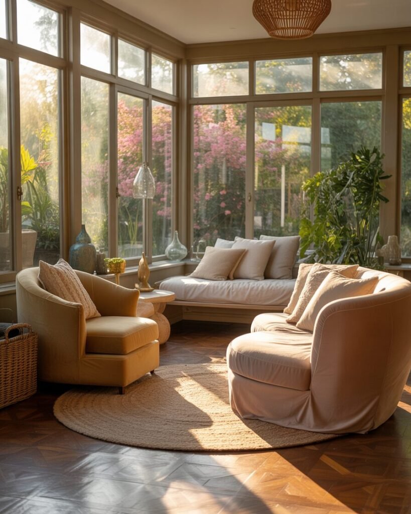  Cozy sunroom with large glass windows letting in natural sunlight and garden views.