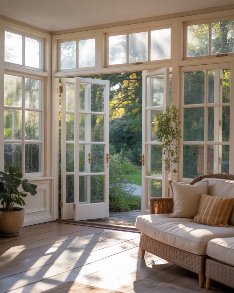  Sunroom with large windows overlooking a lush garden, filled with sunlight and greenery.