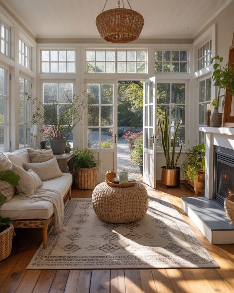 Sunroom designed for all seasons with sunlight, cozy furnishings, and garden views.