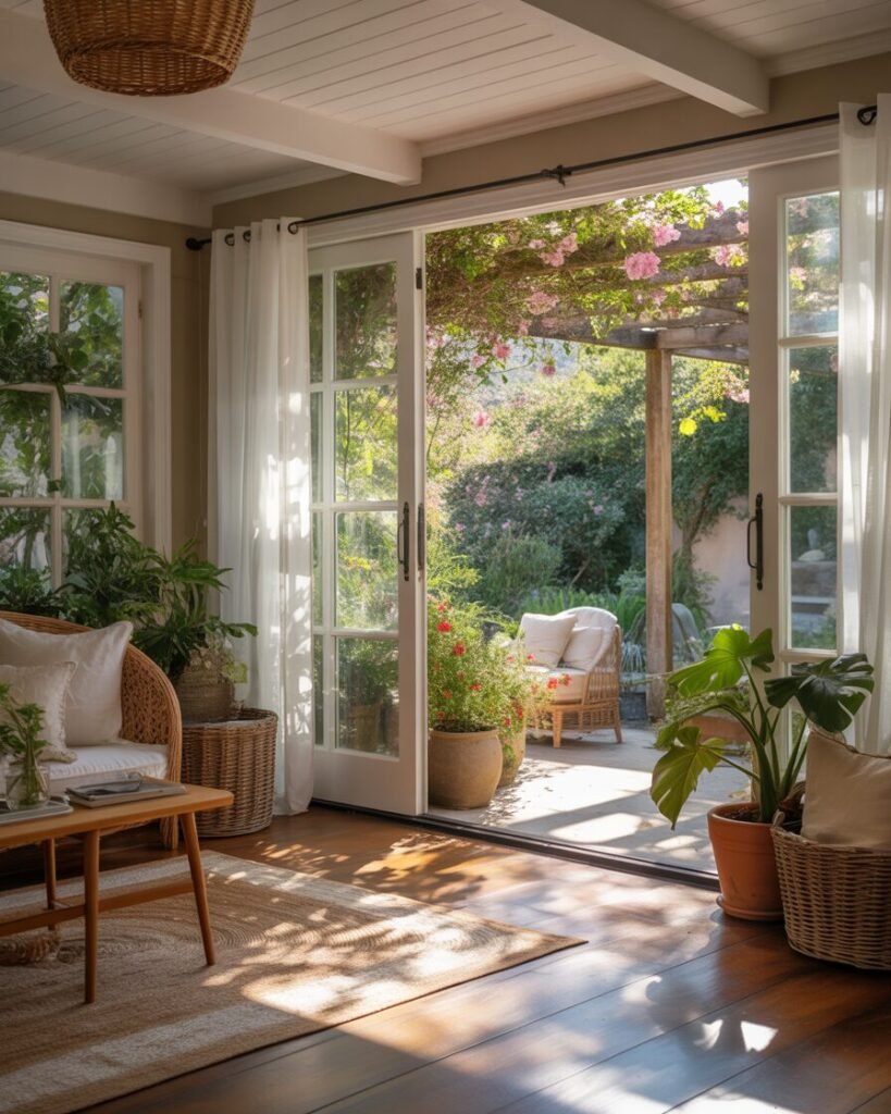 Sunroom with folding glass doors opened to a garden, merging indoor and outdoor spaces.