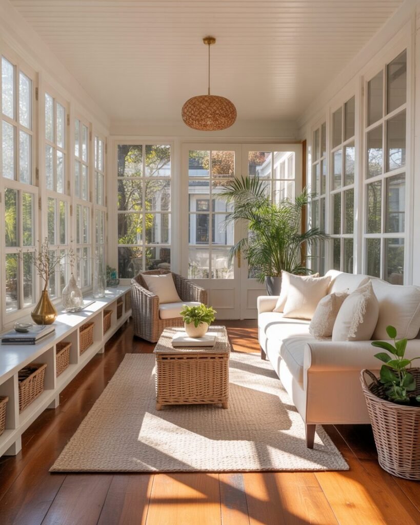 Organized sunroom with storage baskets and cabinets maintaining a clean look.