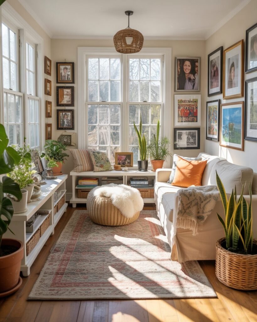 Sunroom decorated with family photos, artwork, and personal mementos.