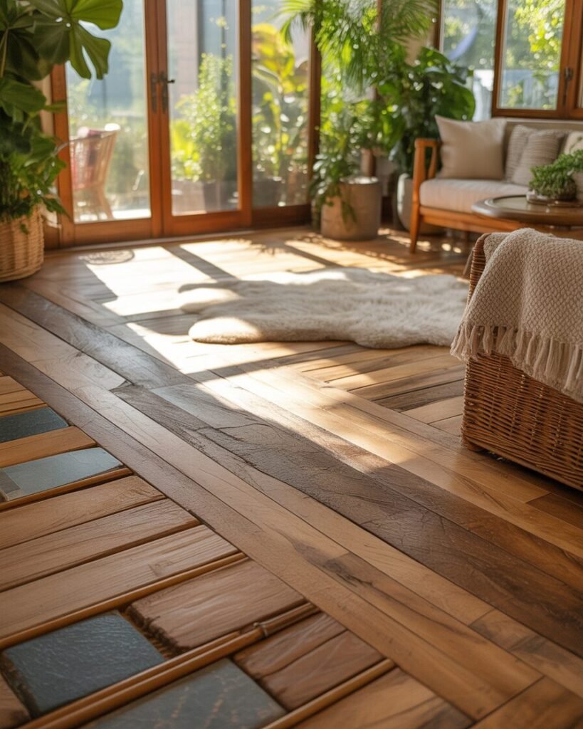 Sunroom with natural hardwood flooring enhancing warmth and organic aesthetics.