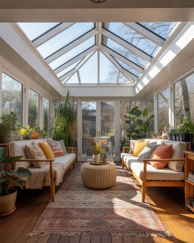 Sunroom with a large skylight letting in abundant sunlight.