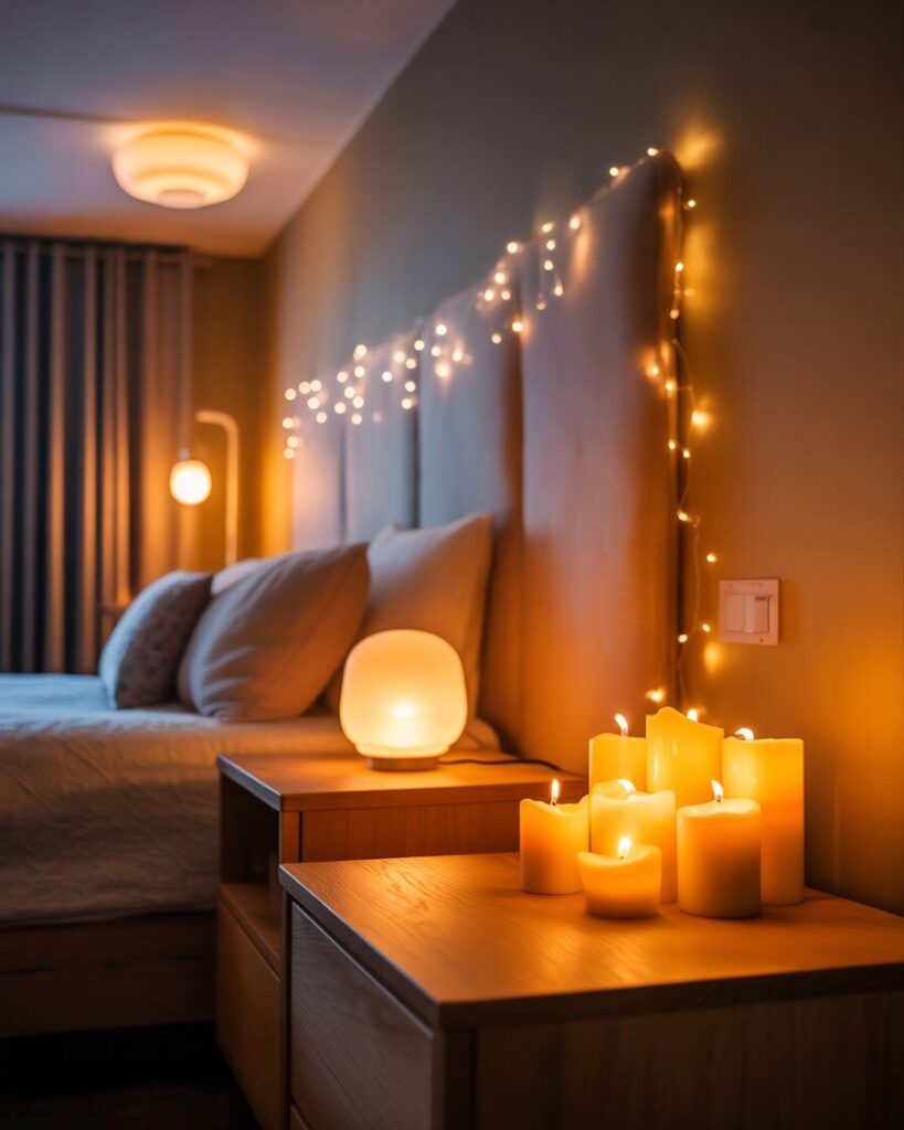 A cozy bedroom at night with layered lighting from a bedside lamp, a floor lamp, and soft fairy lights creating a warm glow.