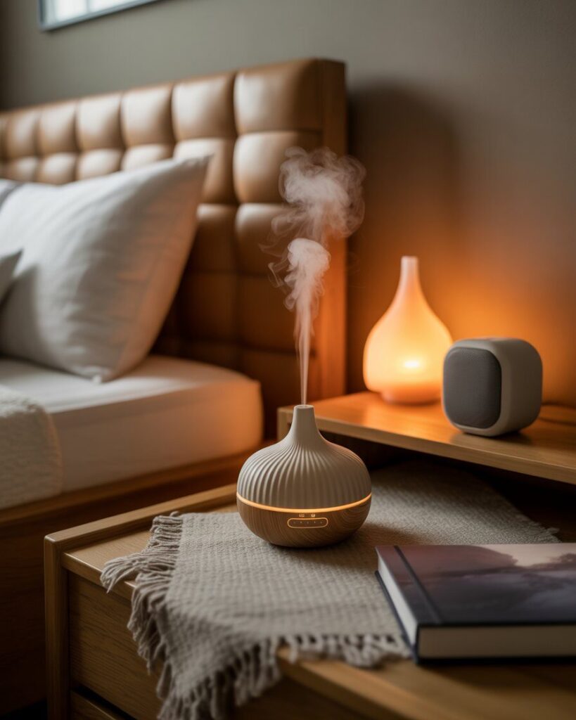 A close-up shot of a bedside table with a lit candle and a small essential oil diffuser, creating a sensory-rich environment.