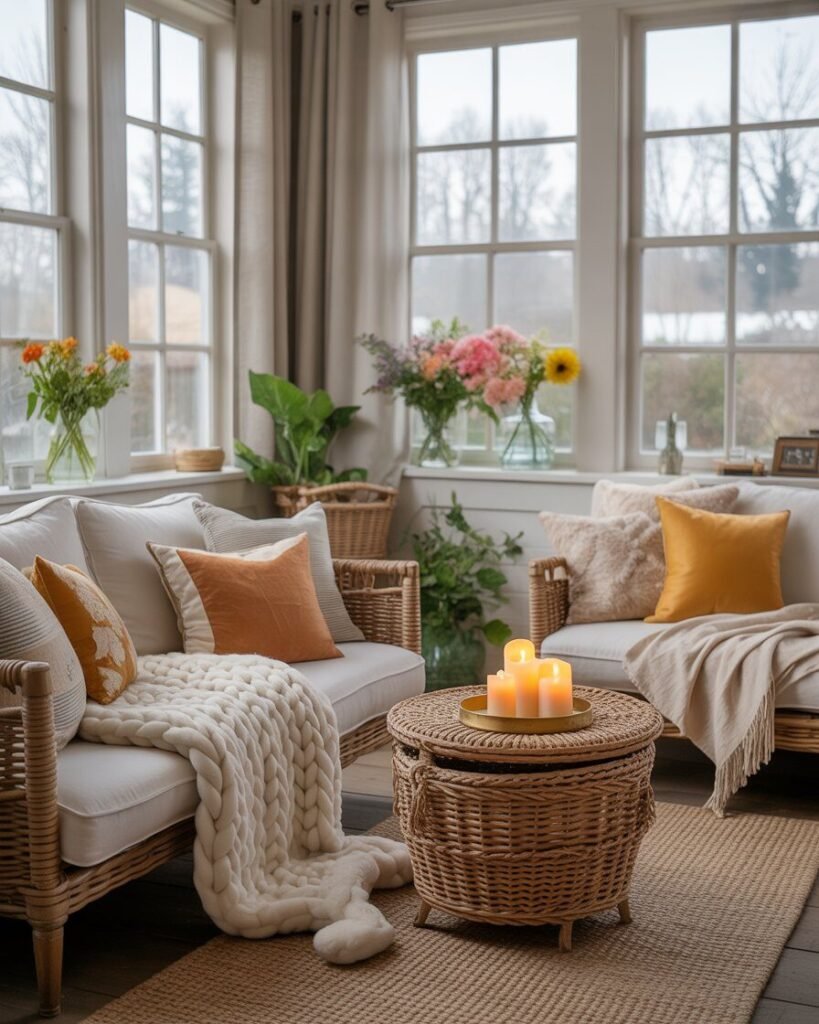 Sunroom decorated with seasonal cushions, throws, and small decorative accents.