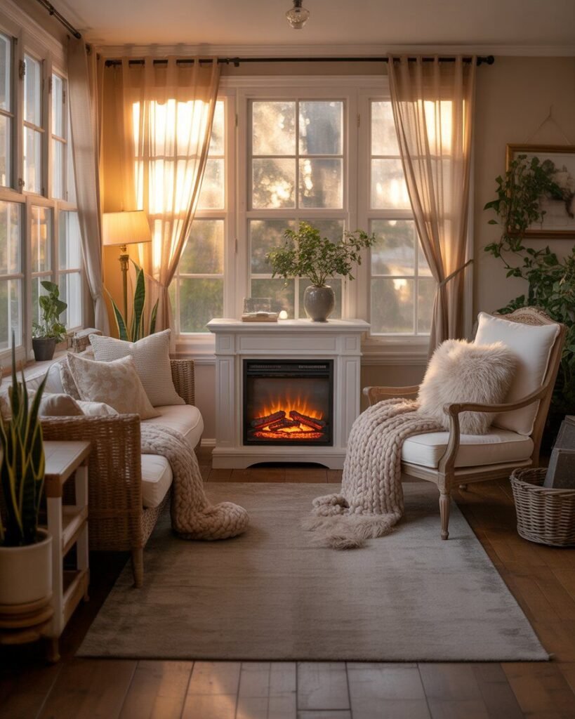 Sunroom with an electric fireplace surrounded by cozy seating.