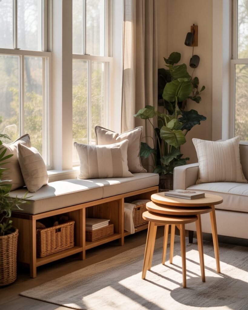 Sunroom featuring multi-functional furniture like storage ottomans and benches.