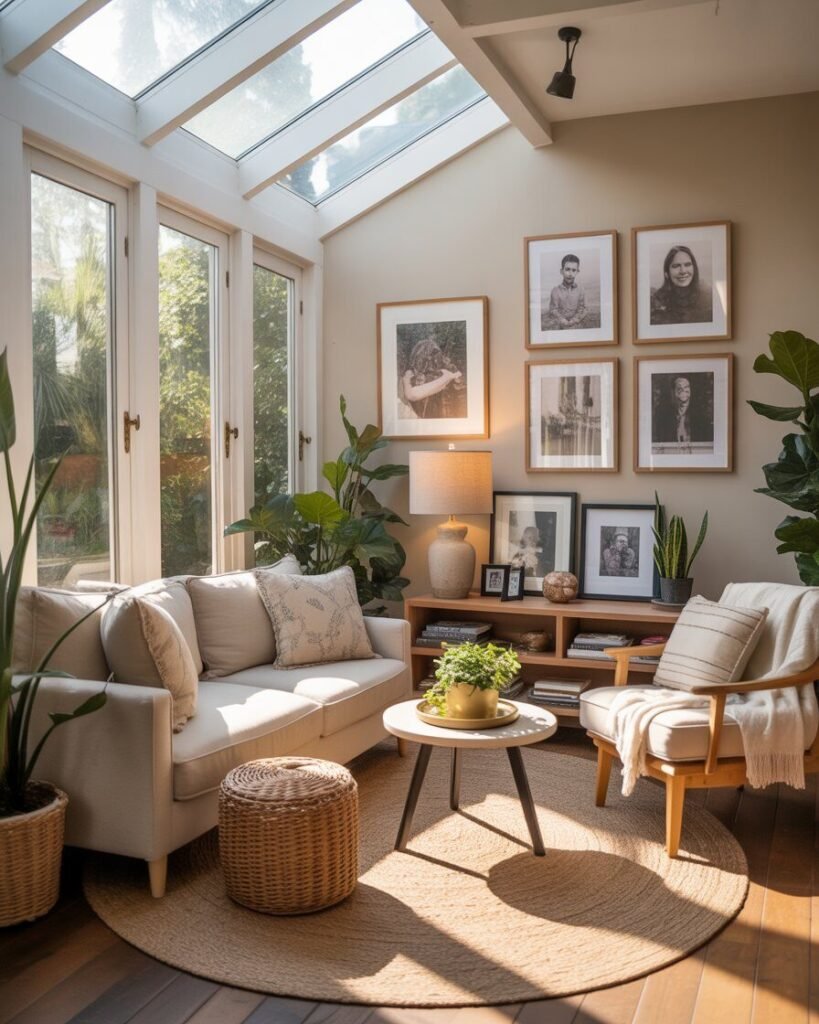 Sunroom decorated with family photos, artwork, and personal mementos.
