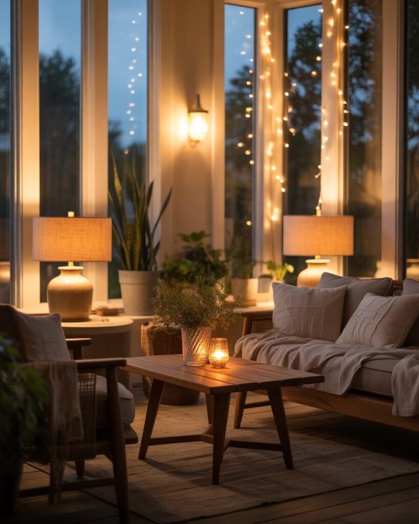 Sunroom with soft ambient lighting from lamps and string lights in the evening.