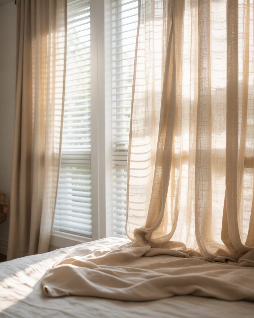 A bedroom window with soft, sheer linen curtains that gently filter the daylight, creating a light and airy atmosphere.