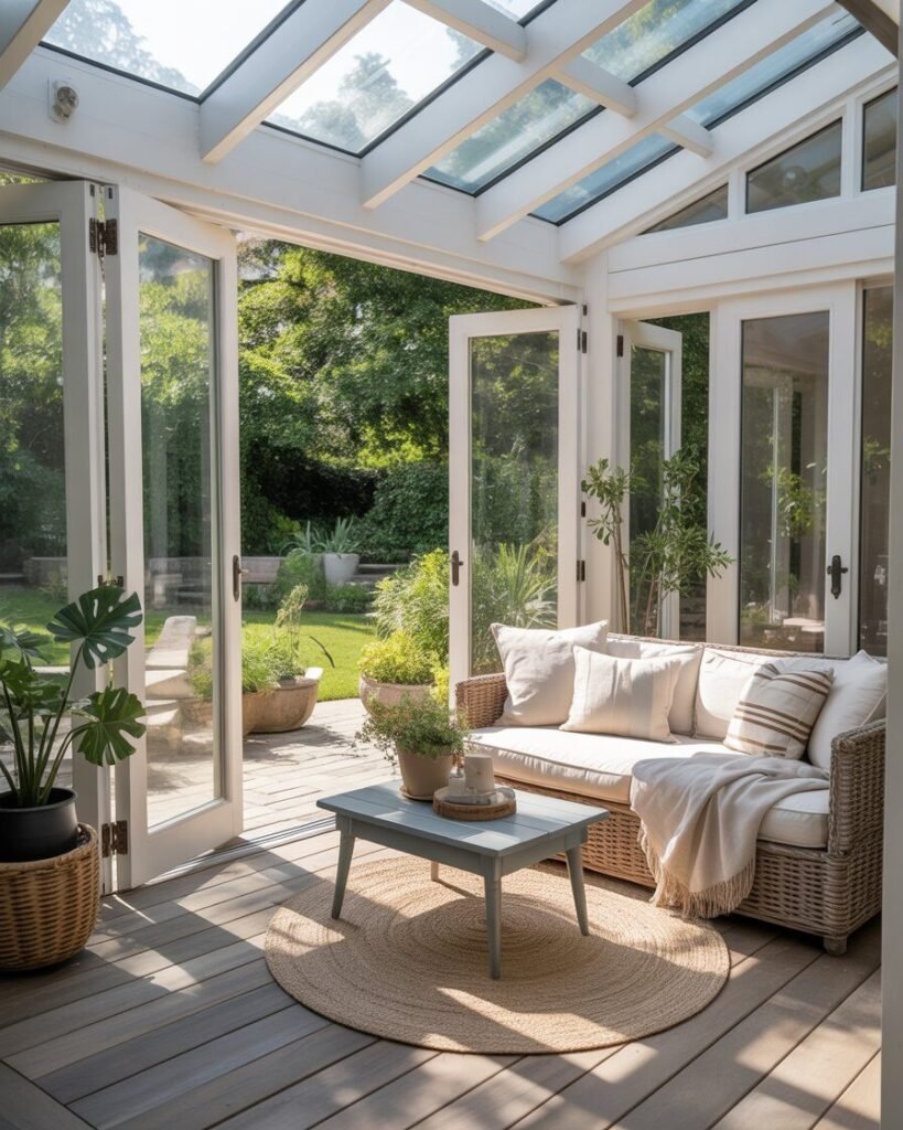Sunroom with folding glass doors opened to a garden, merging indoor and outdoor spaces.