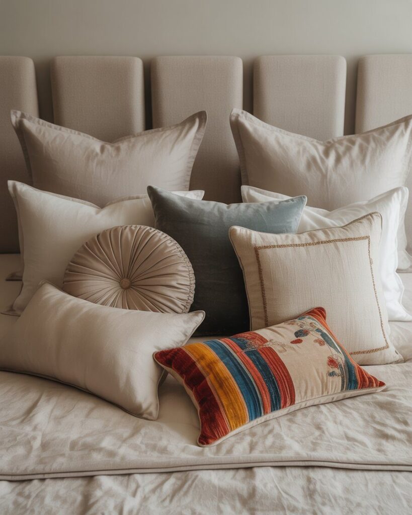 A plush bed with a variety of decorative pillows of different sizes, shapes, and textures, layered for a cozy and luxurious look.