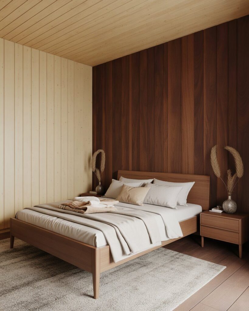 A bedroom with a warm, natural aesthetic, featuring a wooden bed frame and nightstands with a beautiful wood grain.