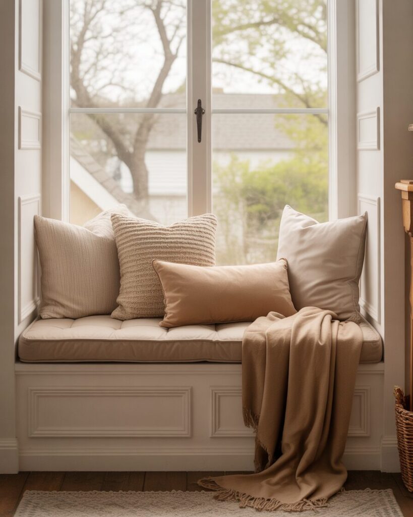 A cozy window seat in a bedroom, decorated with a soft cushion, multiple pillows, and a warm throw blanket.