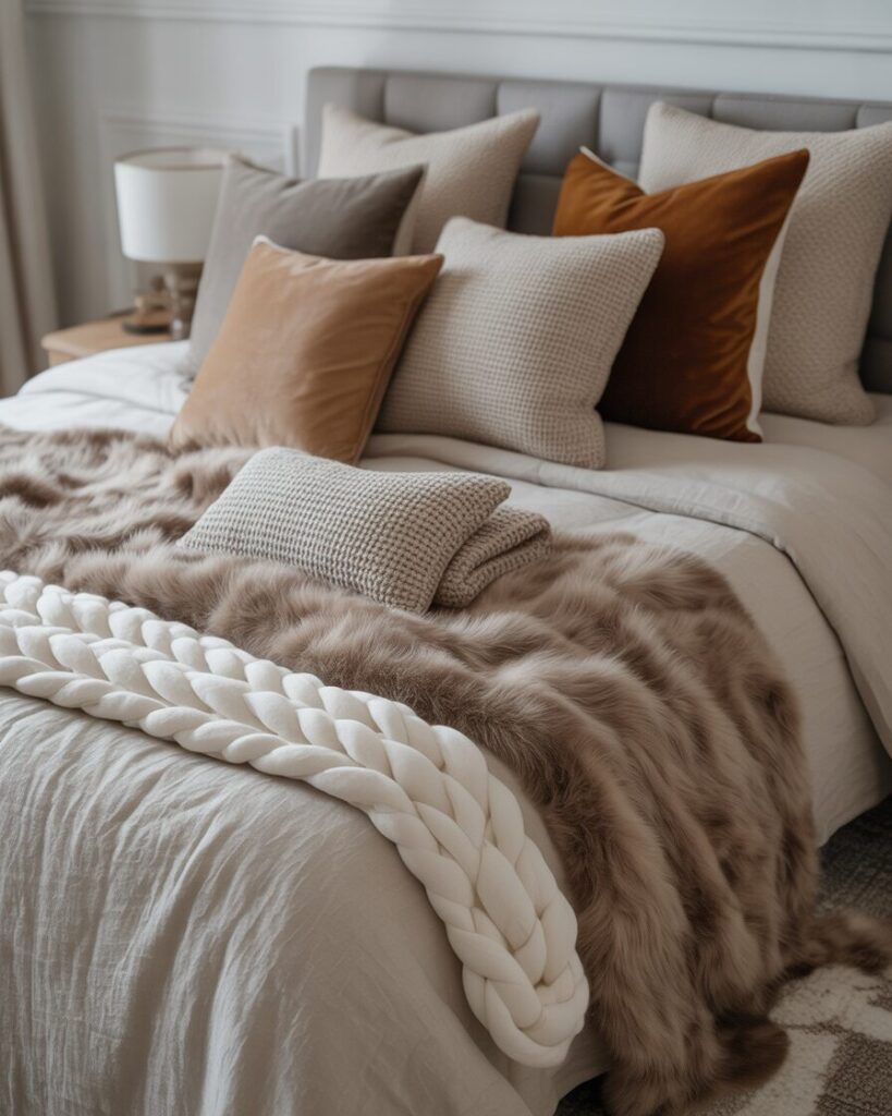 A cozy bed showing layers of textures with a linen duvet, a chunky knit throw, and velvet throw pillows.