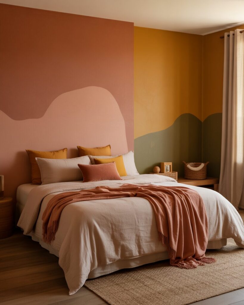 A bedroom with walls and decor in warm, earthy colors like terracotta and mustard yellow.