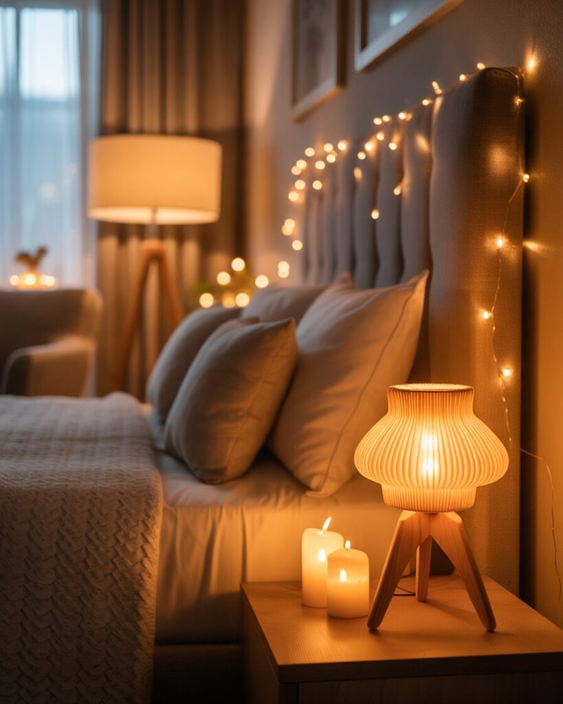 A warm and inviting bedroom lit by soft ambient light from a bedside lamp and floor lamp.