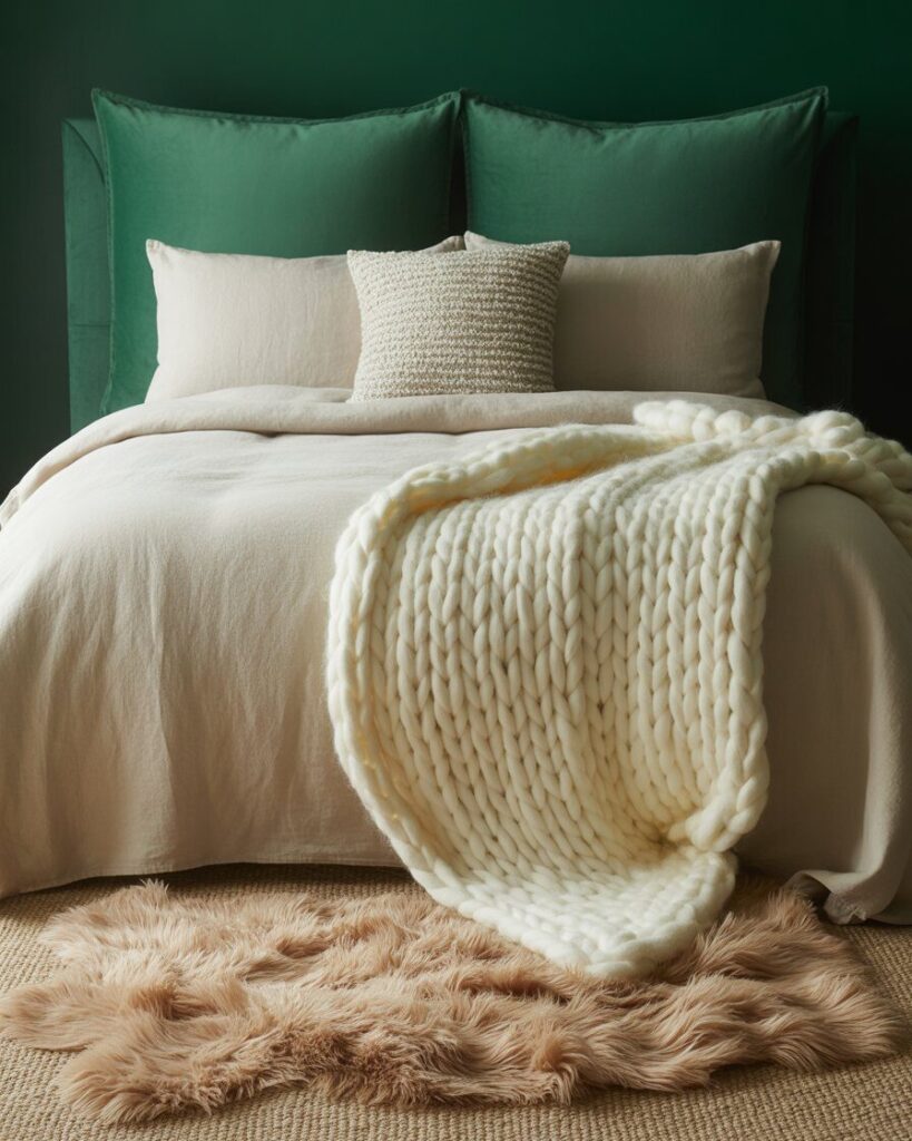 A close-up shot of a bed with layered textures, including a velvet headboard, a linen duvet, a chunky wool throw, and a faux fur rug.