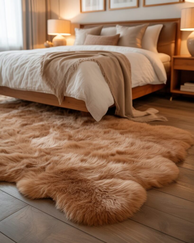 A plush, high-pile area rug on a wooden floor in front of a bed.