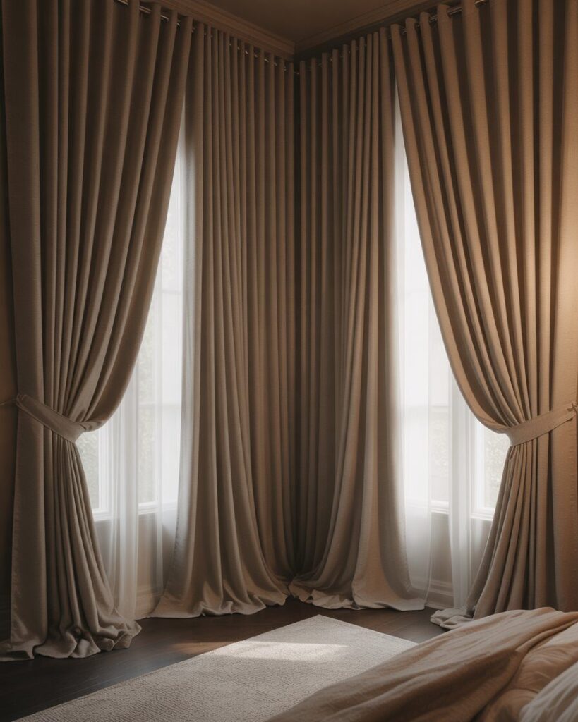 Floor-to-ceiling curtains in a warm, textured fabric hanging from a high curtain rod.