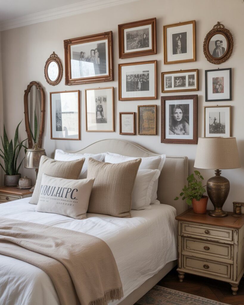 A bedroom wall decorated with an eclectic gallery of framed photos and art.