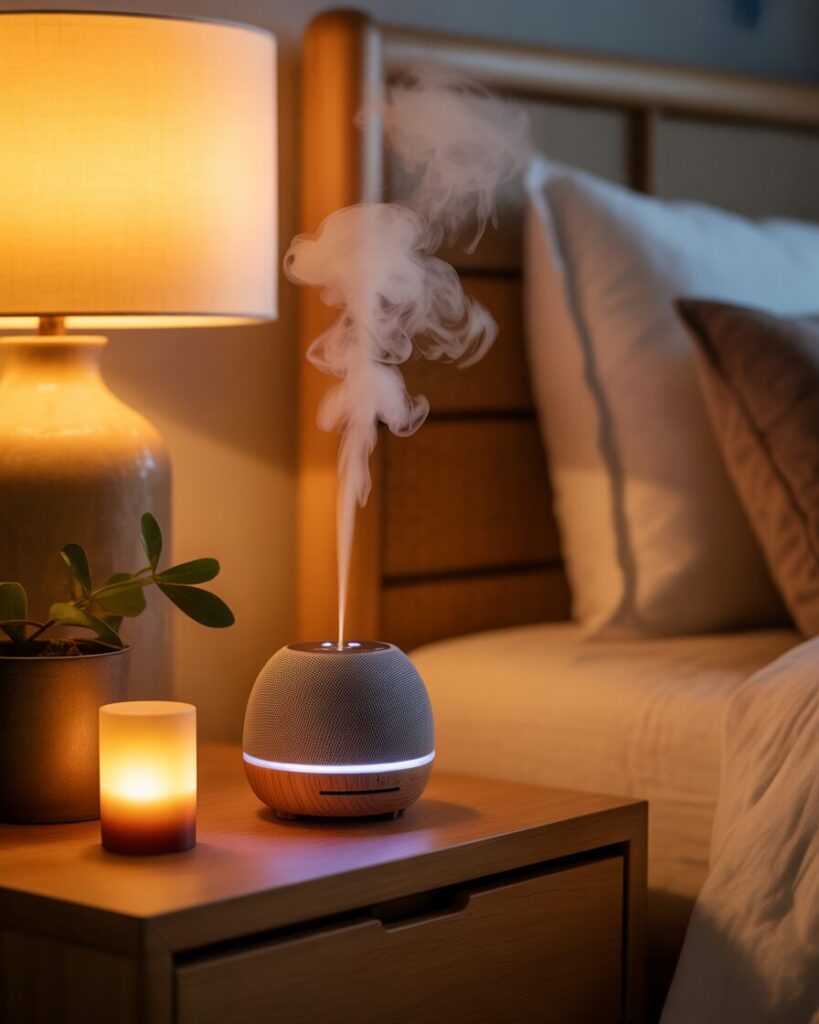 A bedside table with a lit scented candle and an essential oil diffuser.