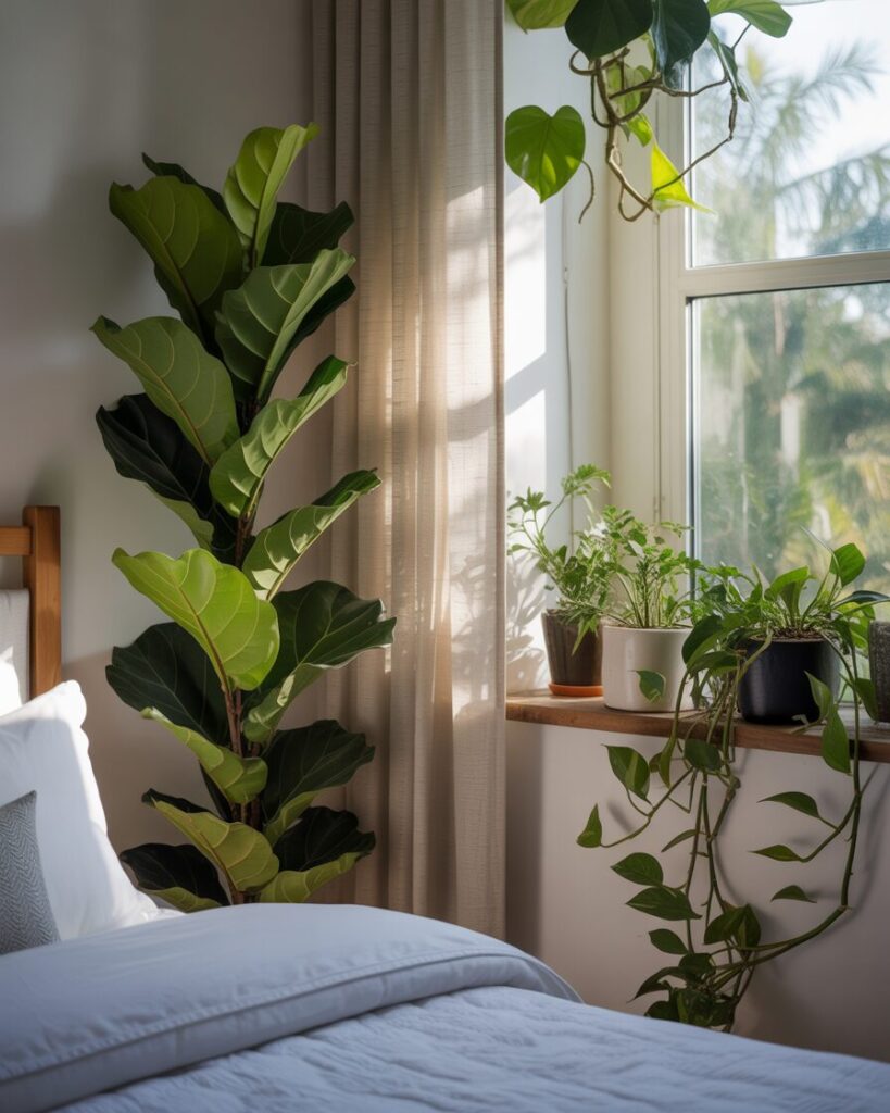 A bedroom with several green plants in pots on a windowsill and a nightstand.