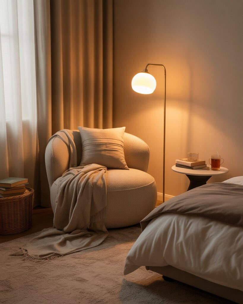 A cozy reading nook in the corner of a bedroom with an armchair, throw blanket, and floor lamp.