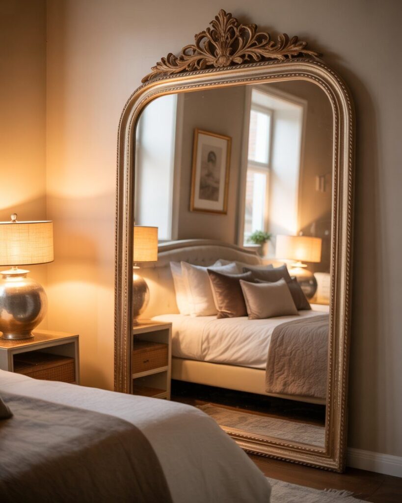 A large, ornate gold mirror hanging above a dresser in a bedroom.