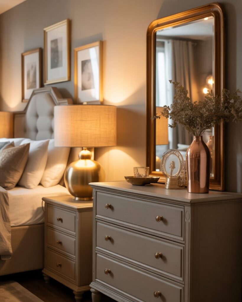 A detail shot of a lamp with a brushed brass finish and matching hardware on a dresser.