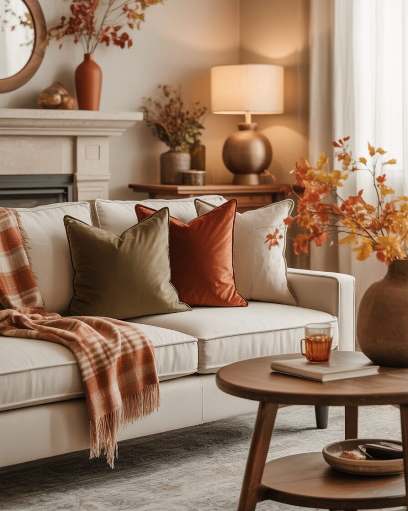 A cozy living room featuring deep orange and green throw pillows, a cream sofa, and natural wood accents.