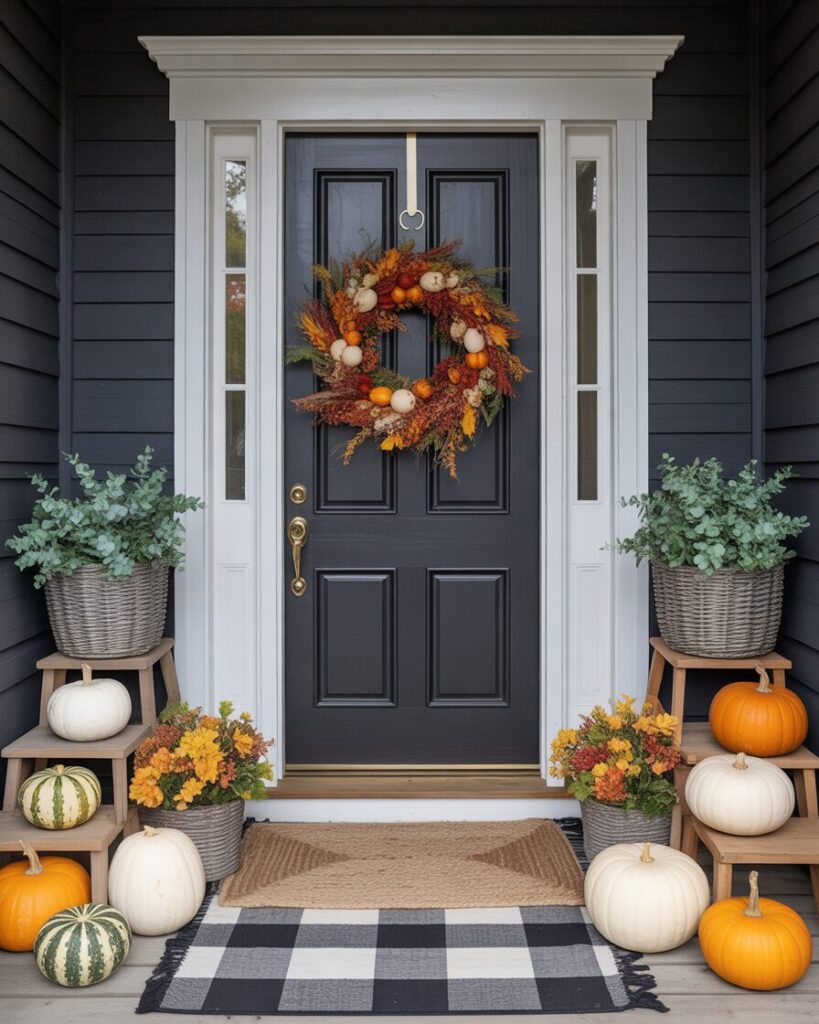 A welcoming fall entryway with a large seasonal wreath on the door, layered rugs, and a display of various pumpkins.