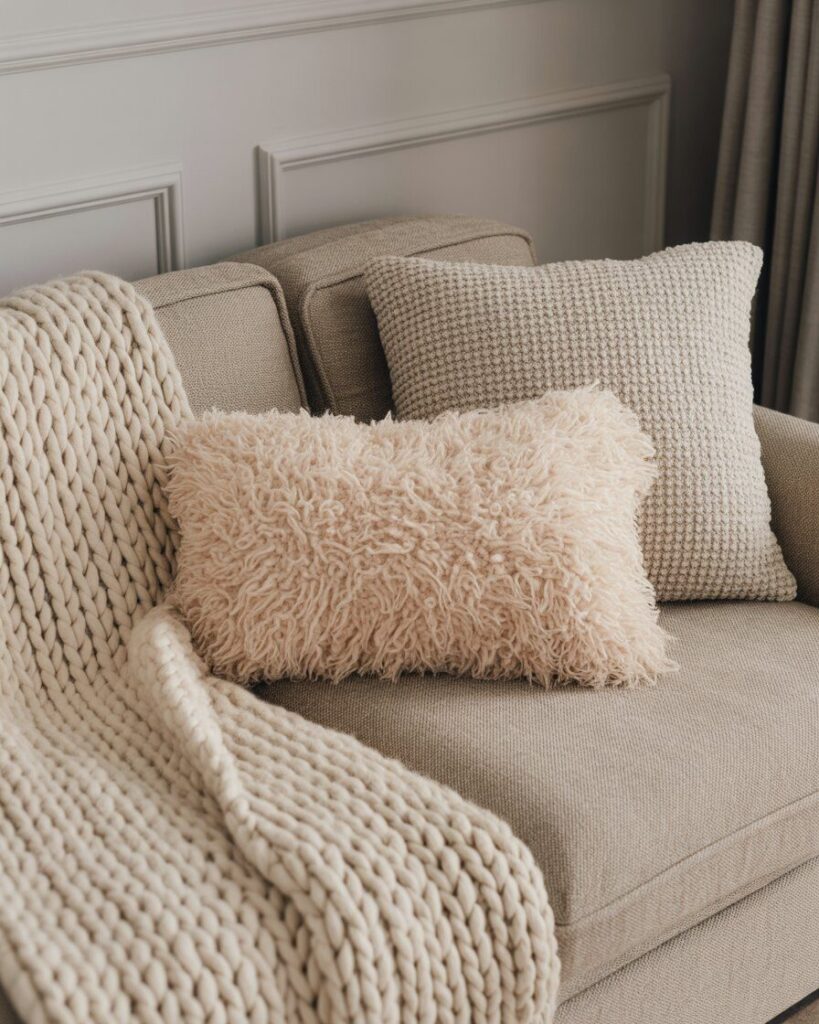 A close-up of a sofa with layered textures, including a chunky knit throw, a boucle pillow, and a soft sherpa cushion.