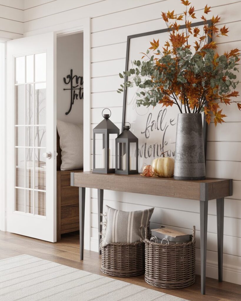 A modern rustic entryway with a wooden console table, matte black lanterns, and a vase of eucalyptus branches.