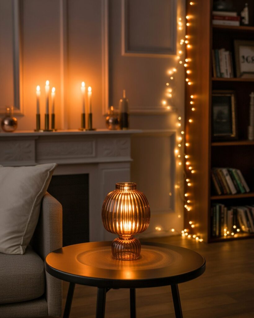 A dim living room illuminated by the warm glow of an amber glass lamp, taper candles, and subtle string lights.