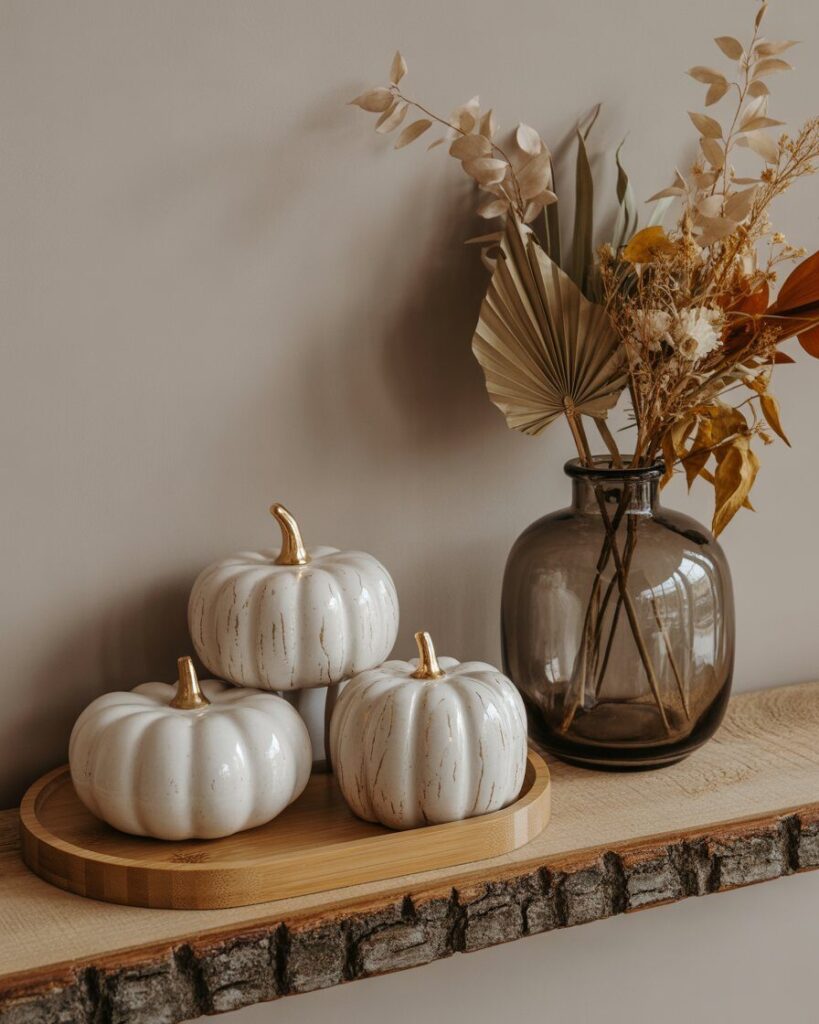 A rustic shelf decorated with ceramic pumpkins, a recycled glass vase, and a small bamboo tray.