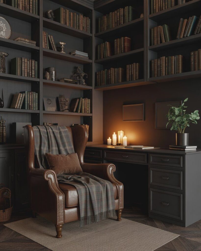 A cozy study corner with dark wood bookshelves, a leather armchair, a plaid throw blanket, and lit candles.