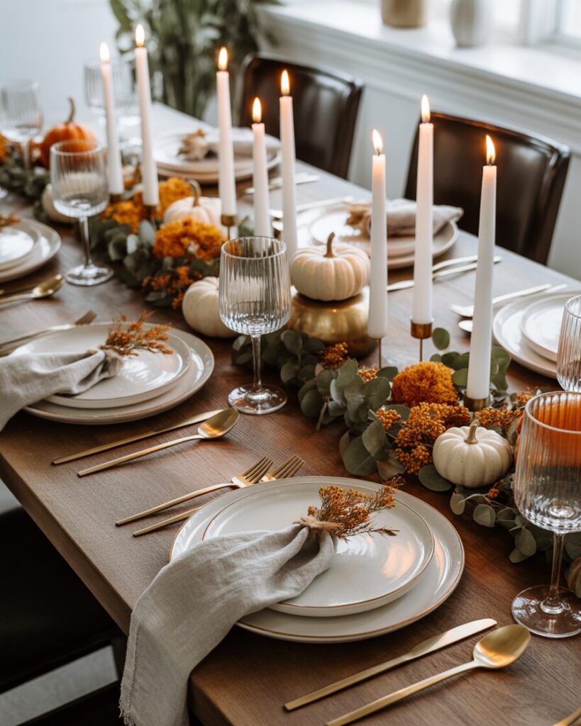 A beautifully set fall dining table with layered chargers, plates, linen napkins, candles, gold flatware, and mini ceramic pumpkins.