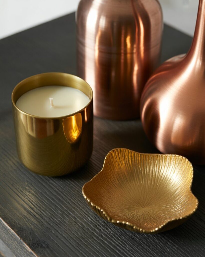 A collection of metallic decor items, including a brass candle holder, a copper vase, and a gold decorative bowl.