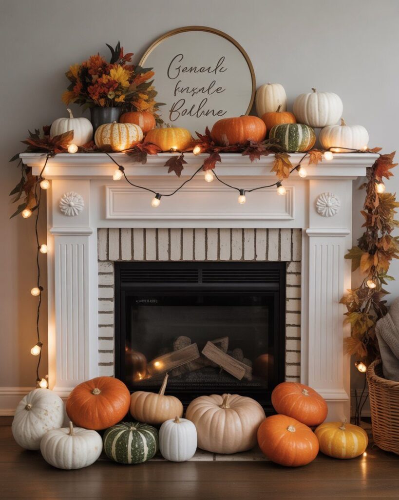 A cozy fireplace mantle decorated with an assortment of pumpkins, fall foliage, and warm lights.