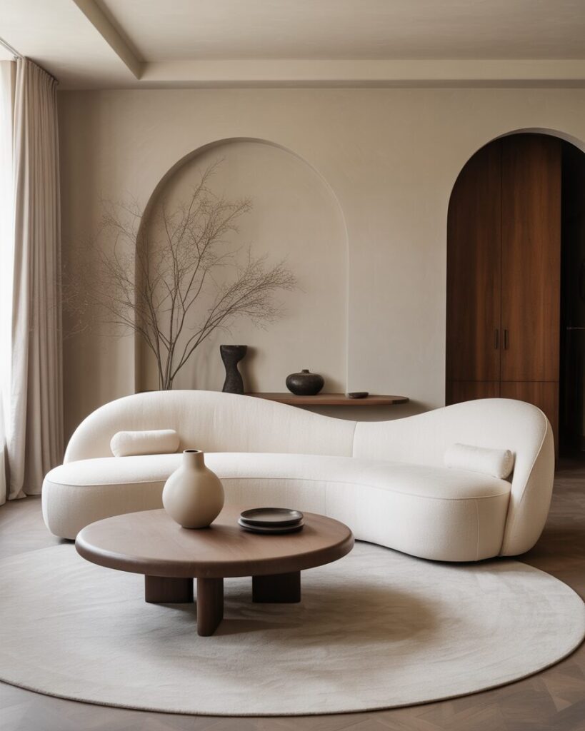 A living room with a cream-colored curved sofa, a round wooden coffee table, and an organically shaped ceramic vase.