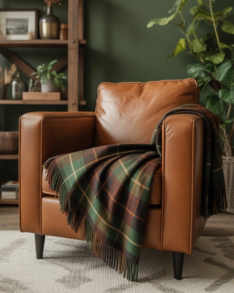 A plaid throw blanket in muted green and brown tones draped over a leather armchair.