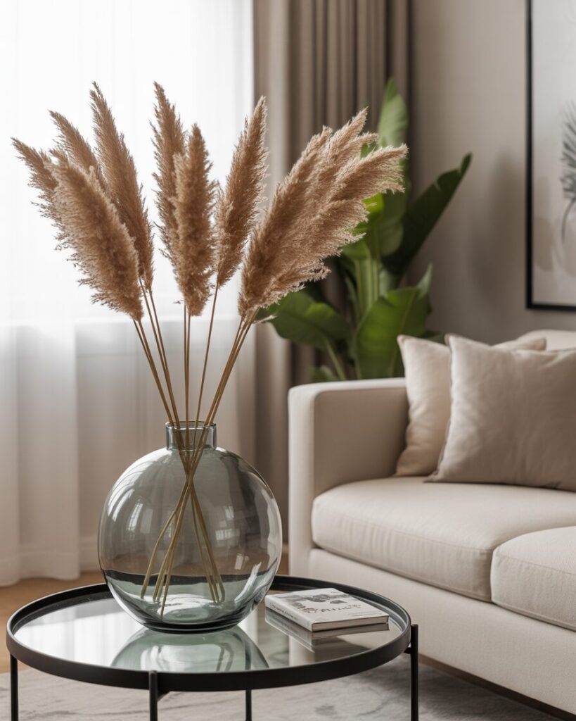 A large clear vase filled with tall, dried pampas grass stalks.