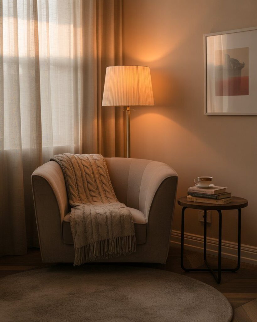 A cozy reading nook with a plush armchair, a soft throw blanket, a floor lamp, and a bookshelf in the corner.