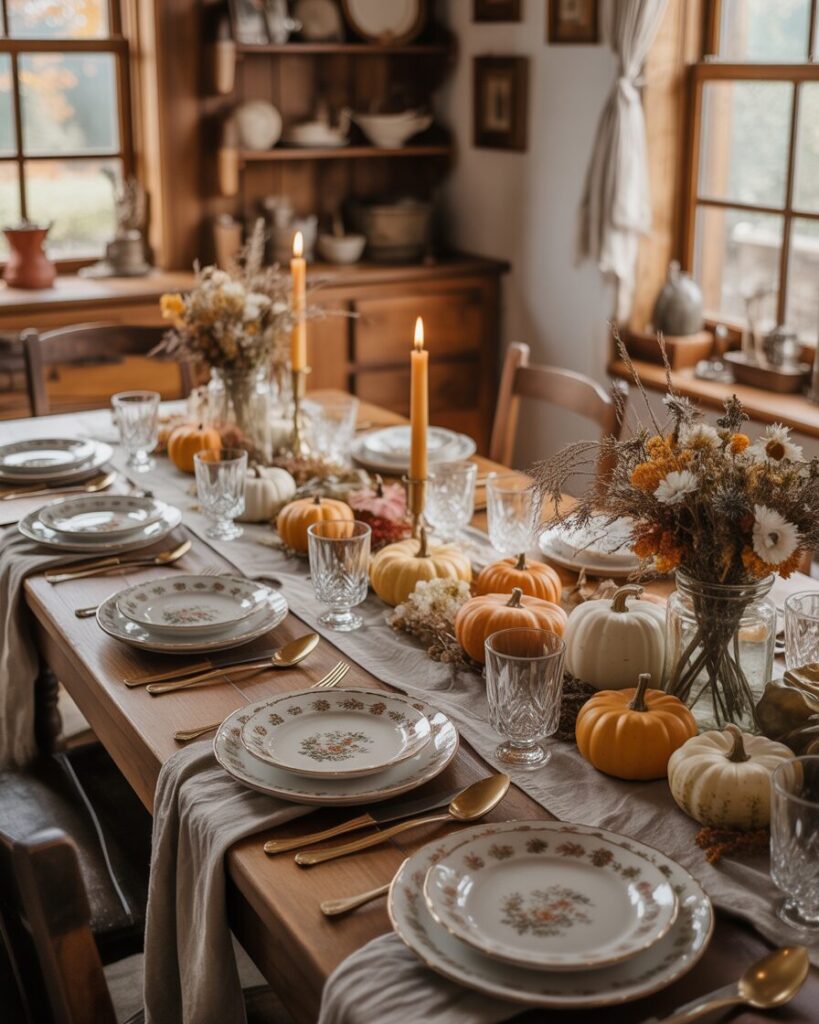 A cottagecore dining table with a linen runner, mismatched vintage floral plates, brass candle holders, and a centerpiece of mini pumpkins and dried flowers.