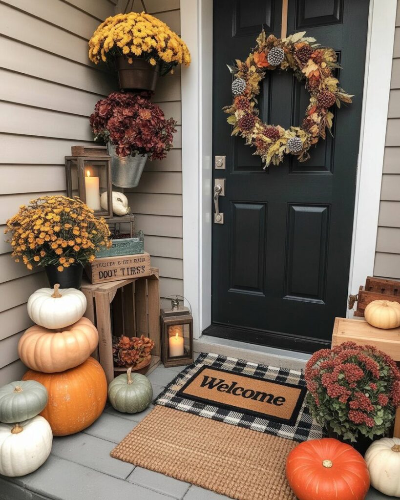 A small porch decorated with a layered doormat, stacked pumpkins, a hanging basket of mums, and a lantern on the steps.